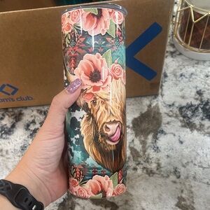Floral Highland Cow Tumbler, Used Condition